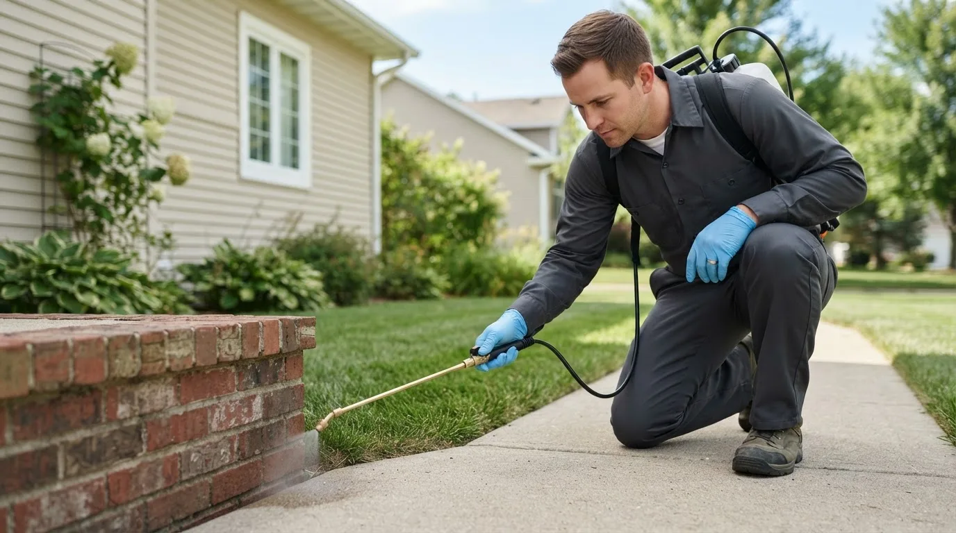 Pest control technician treating a home near Lewiston Woodville, NC